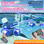 RC Water Cannon Robot supplier card showing blue and green vehicles spraying on land and in a pool