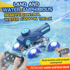 RC Water Cannon Robot pool-action overview showing the blue vehicle and two remote-control styles