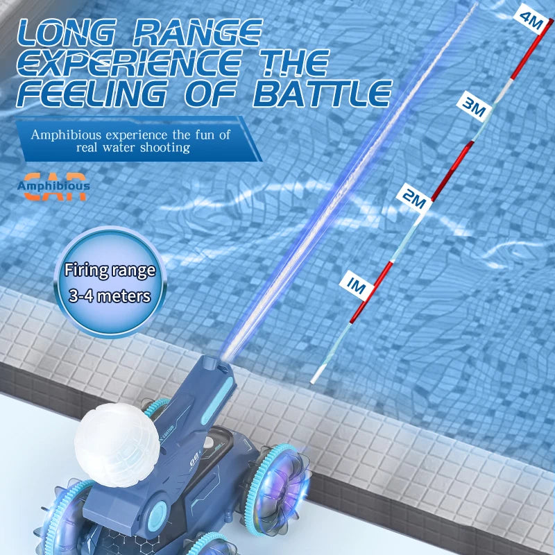 RC Water Cannon Robot blue vehicle with a supplier spray-distance diagram marked from one to four meters