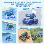 RC Water Cannon Robot terrain collage showing blue and green vehicles on water, pavement, sand and grass