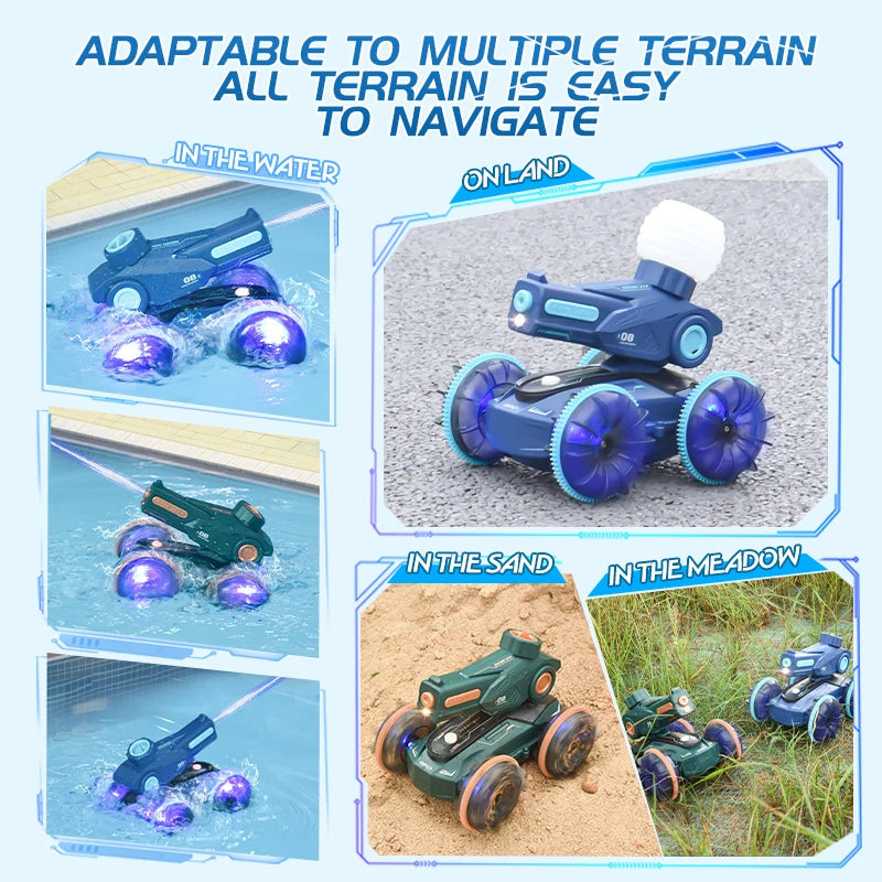 RC Water Cannon Robot terrain collage showing blue and green vehicles on water, pavement, sand and grass