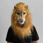 Realistic Deluxe Lion Mask in Light Brown worn facing forward with the long mane over a black shirt