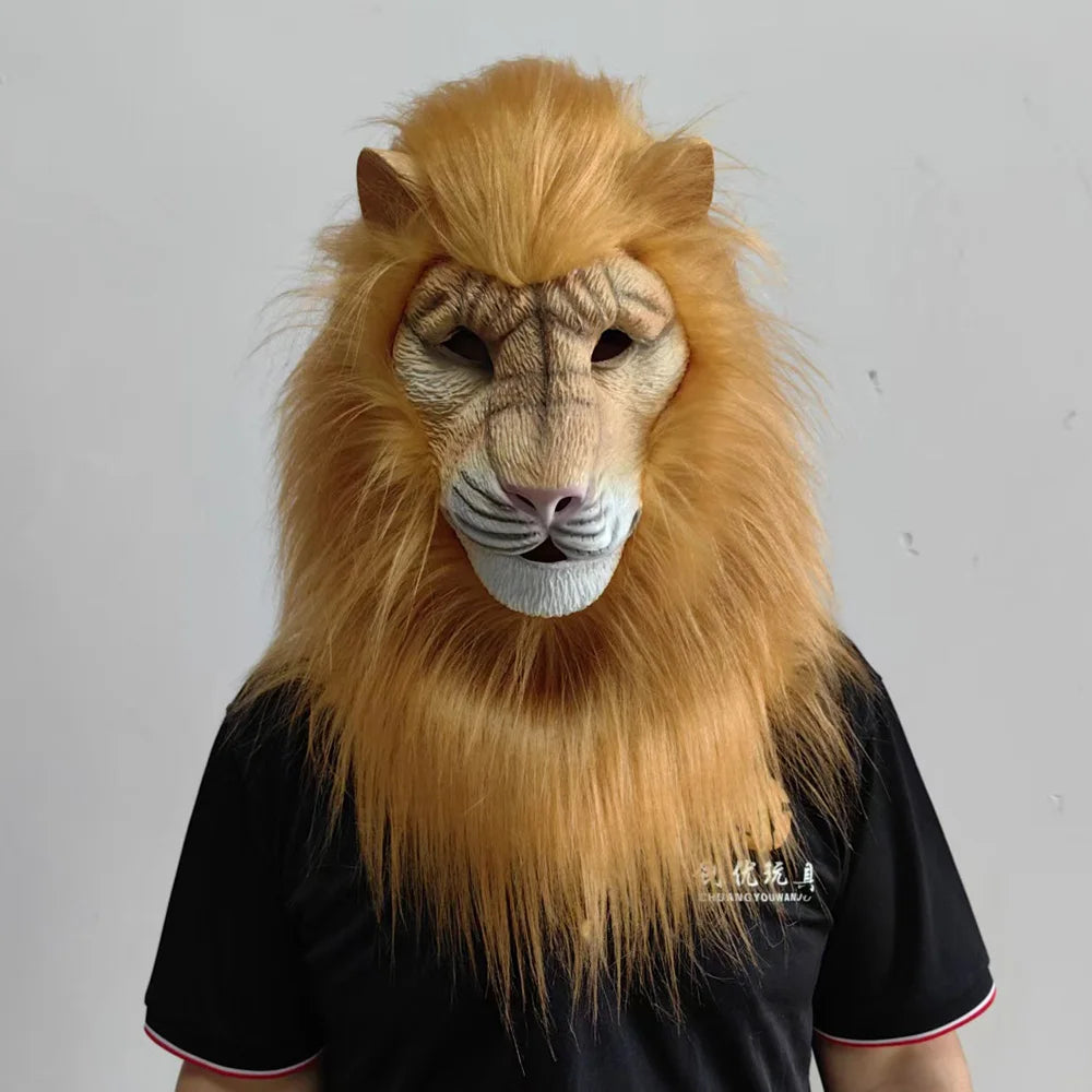 Realistic Deluxe Lion Mask in Light Brown worn facing forward with the long mane over a black shirt