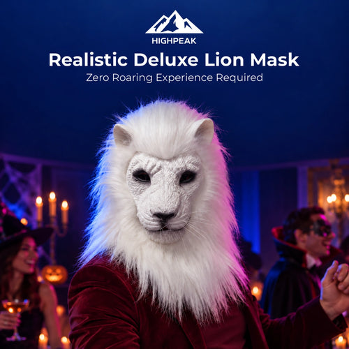 Realistic Deluxe Lion Mask in White worn with a burgundy jacket at a blue-lit Halloween party