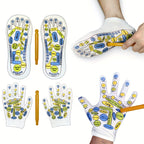 Reflexology socks, gloves, and massage sticks shown together for guided hand and foot use