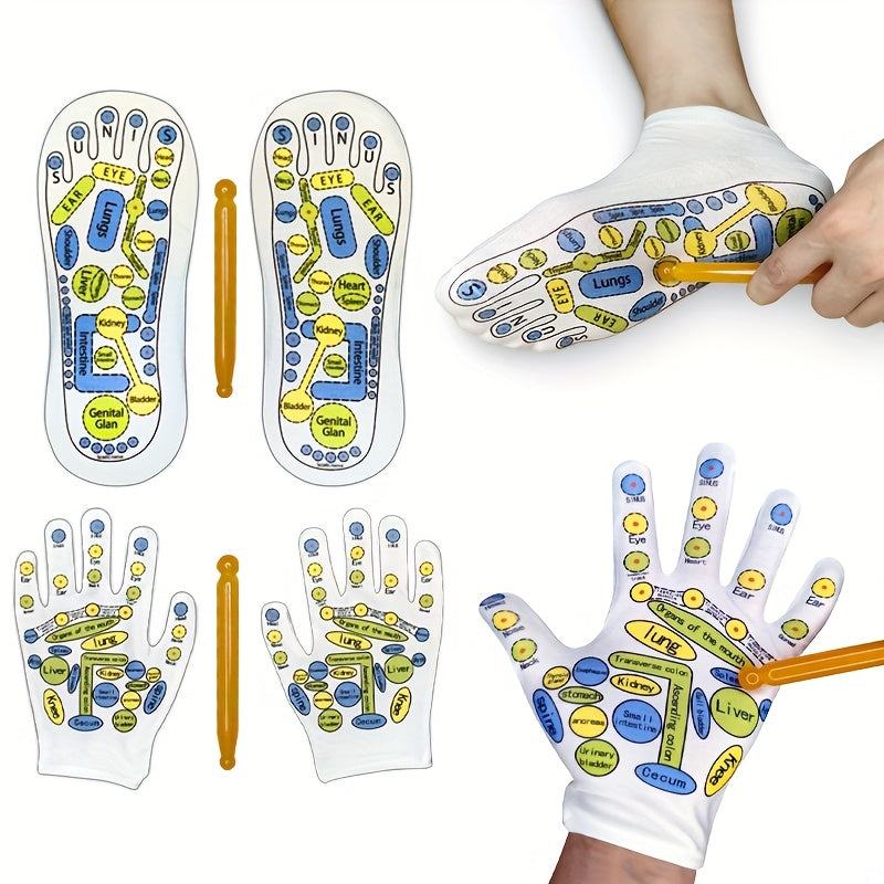 Reflexology socks, gloves, and massage sticks shown together for guided hand and foot use
