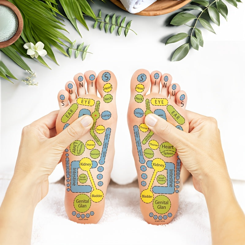 Illustrated foot reflexology map in a spa setting for hand-and-foot massage context