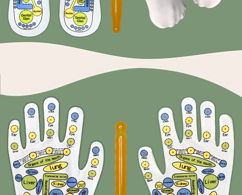 Pair of printed reflexology gloves displayed with the included massage stick