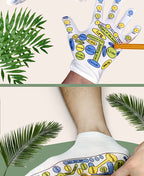 Printed reflexology glove and short sock shown in a botanical lifestyle collage