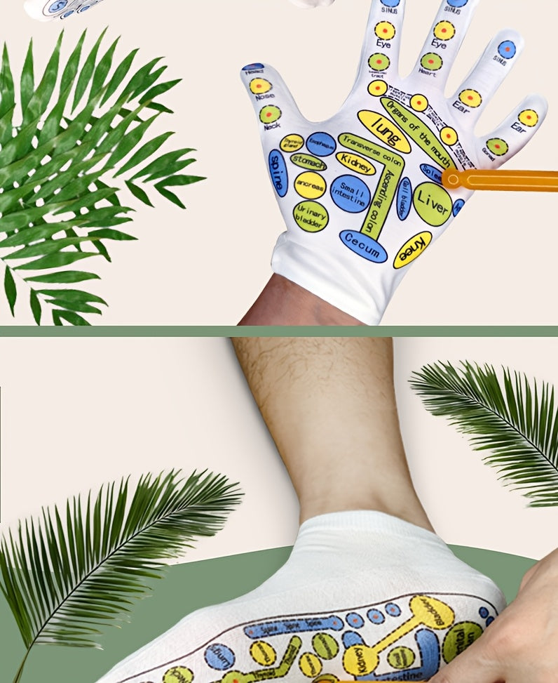 Printed reflexology glove and short sock shown in a botanical lifestyle collage