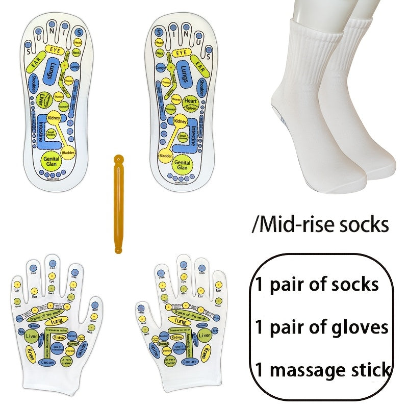 Complete mid-rise reflexology socks and gloves set with one massage stick