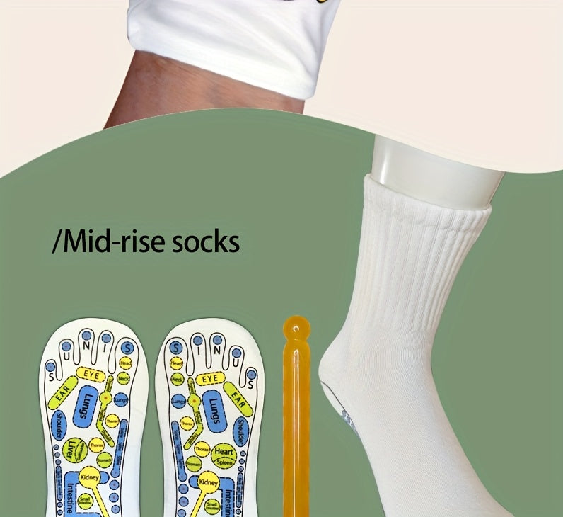 Mid-rise reflexology socks option with printed soles and included massage stick