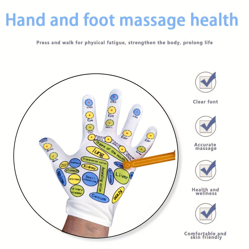 Reflexology glove and massage stick infographic showing the printed palm guide