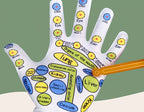 Detailed view of a printed reflexology glove palm with the massage stick