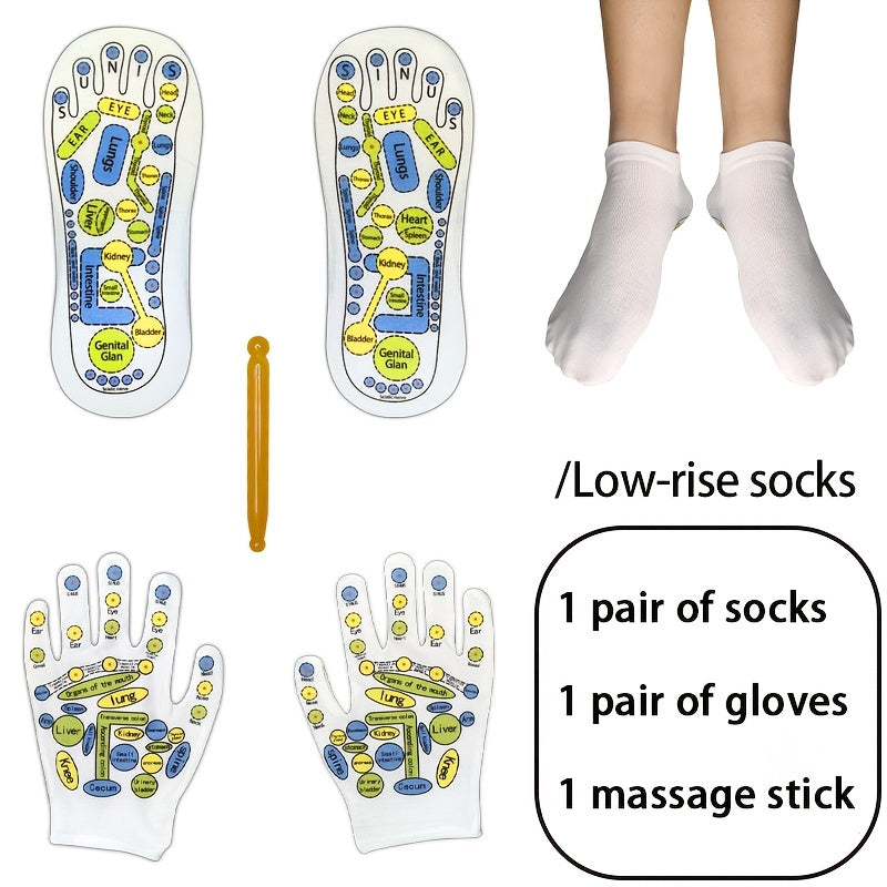 Complete short reflexology socks and gloves set with one massage stick