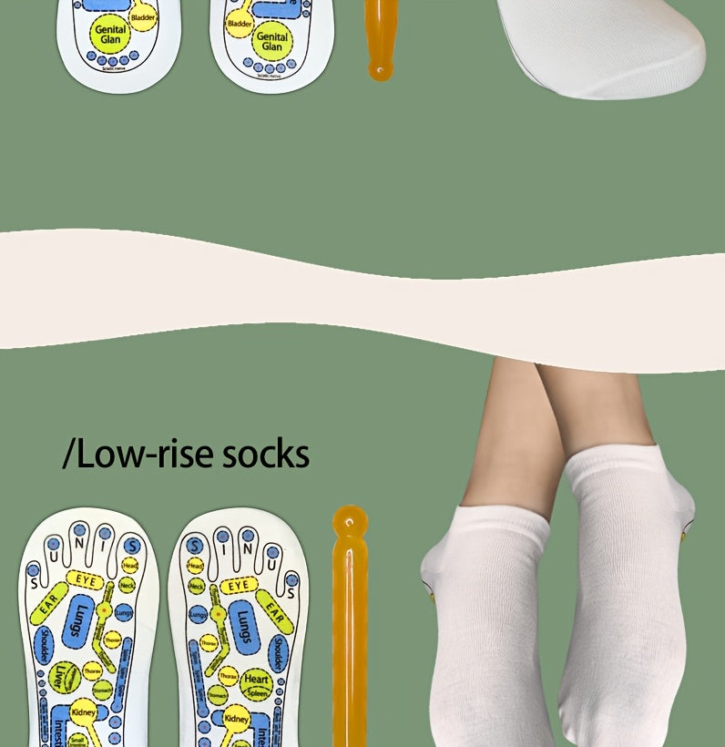 Short reflexology socks option with printed soles and included massage stick