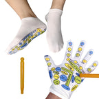 Short reflexology socks, printed glove, and massage stick shown in a guided-use collage