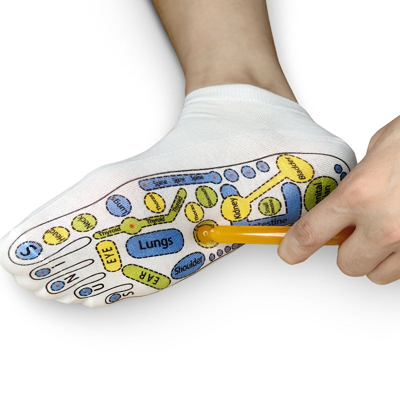 Short reflexology sock sole shown close-up while using the included massage stick