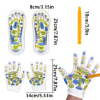 Reflexology socks, gloves, and massage stick with approximate product dimensions