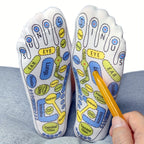 Close-up of printed reflexology sock soles with massage stick demonstrating guided pressure