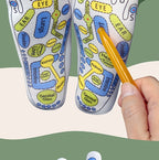 Detailed view of printed reflexology sock soles with massage stick applying light pressure
