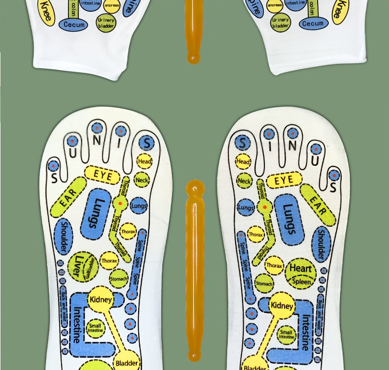 Pair of printed reflexology sock soles displayed with the included massage stick