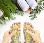 Spa-style flat lay with an illustrated reflexology foot map and folded towels
