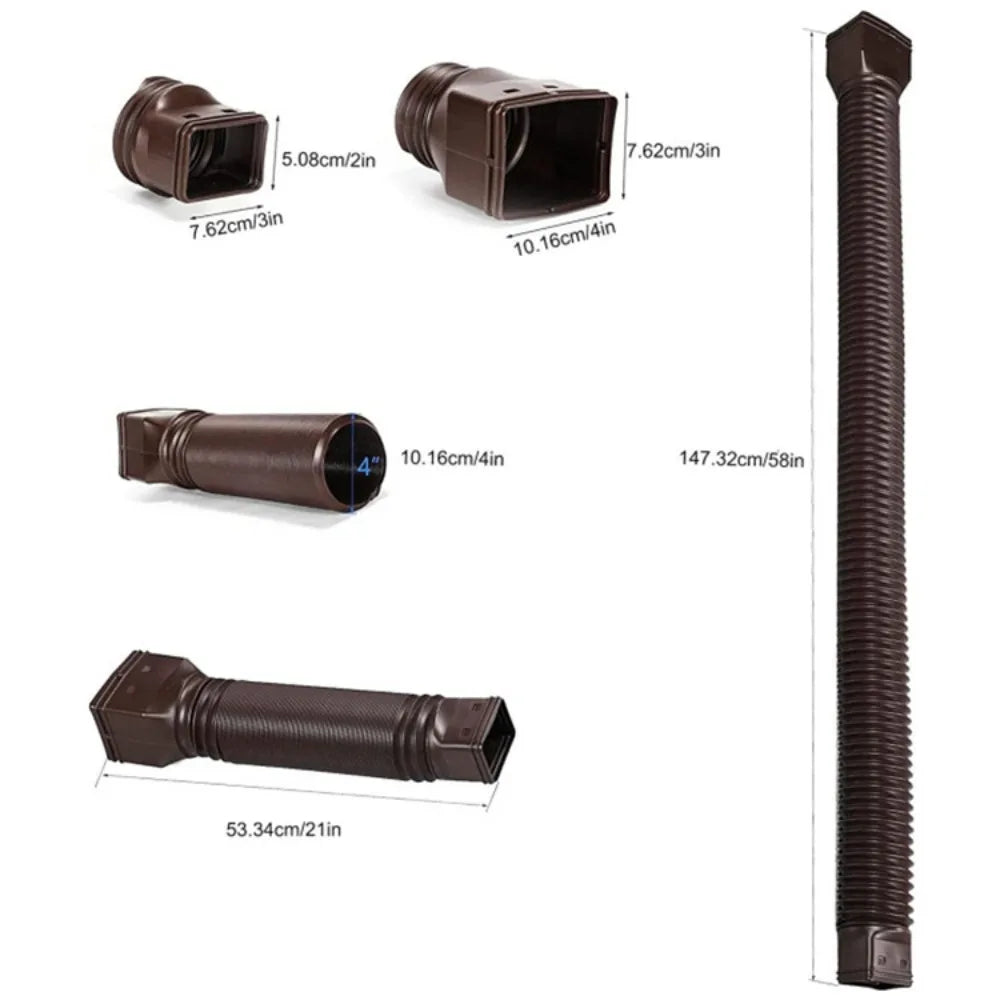 Retractable Downspout Extension size guide showing 21–58-inch length and 2 × 3 and 3 × 4-inch adapters