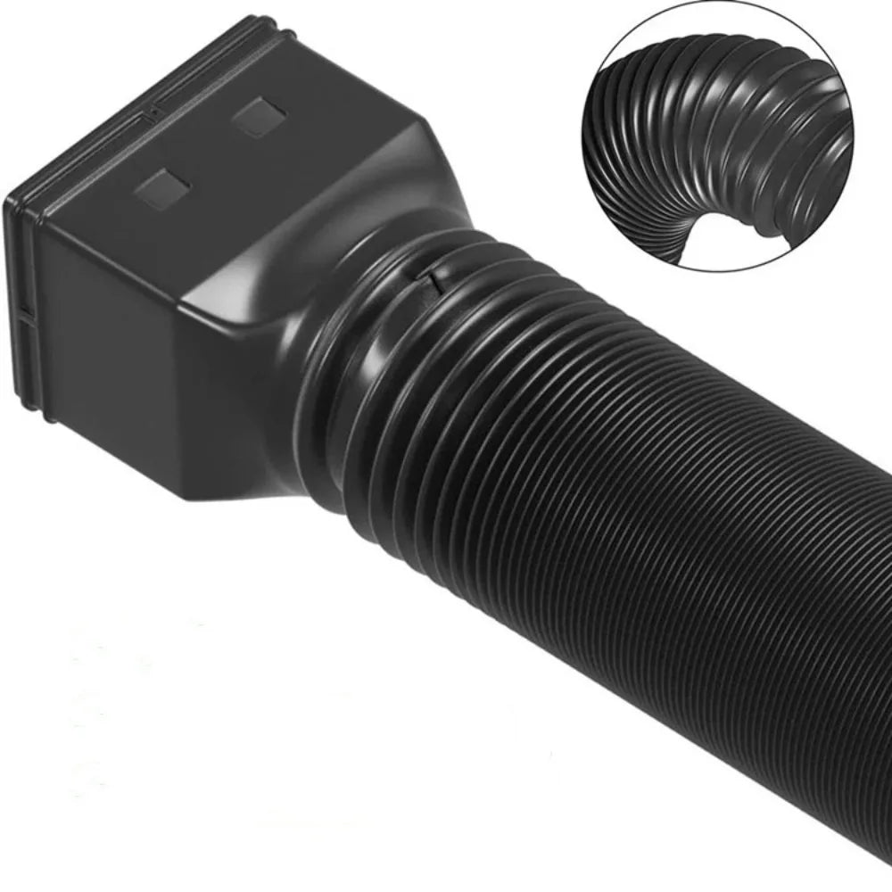 Retractable Downspout Extension close-up of the black rectangular adapter and flexible corrugated hose
