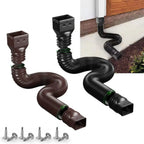 Retractable Downspout Extension in black and brown beside a downspout installation example
