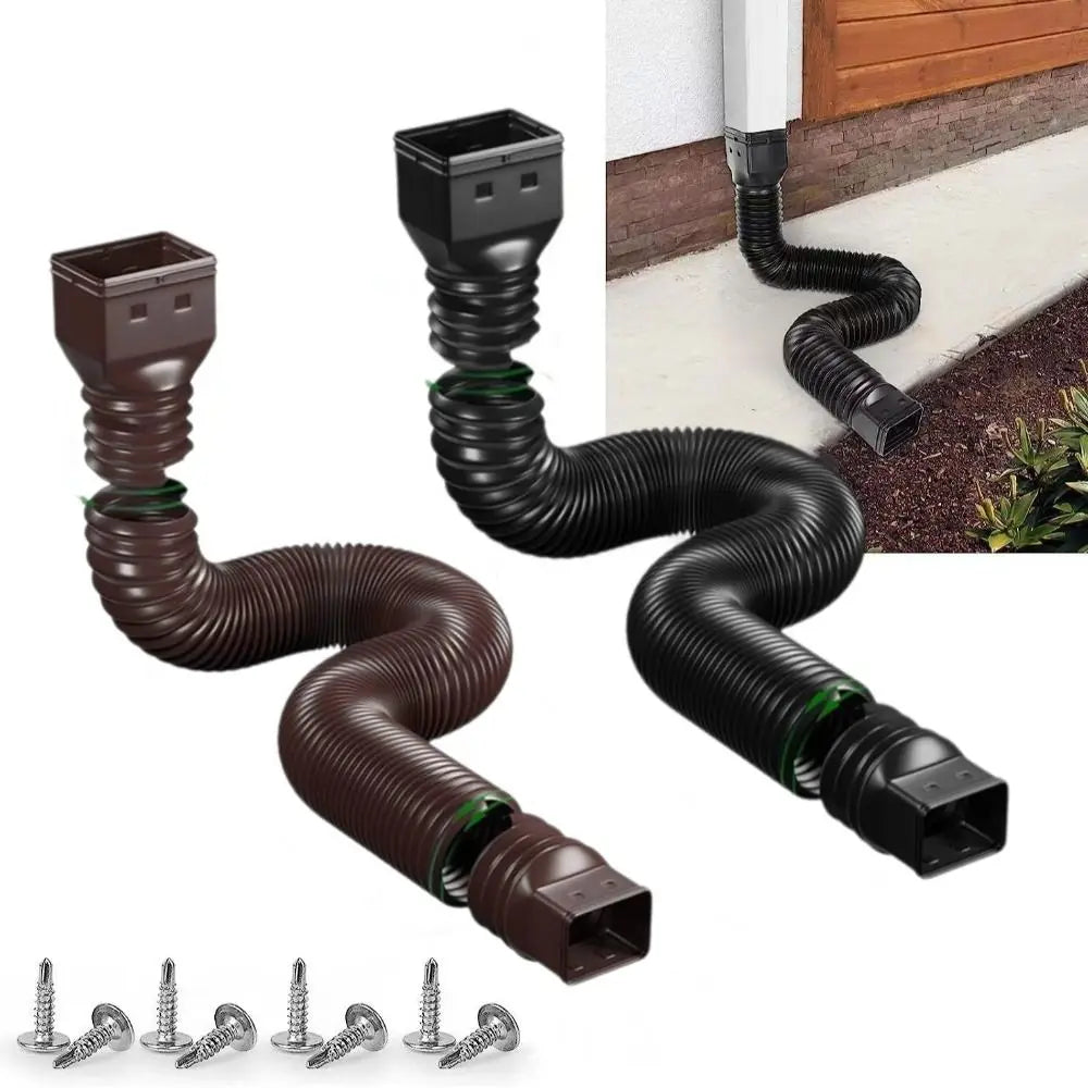 Retractable Downspout Extension in black and brown beside a downspout installation example