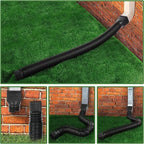Retractable Downspout Extension collage showing a black hose extended across grass and curved installation routes