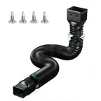 Retractable Downspout Extension in black with two end adapters, four screws, and curved corrugated hose