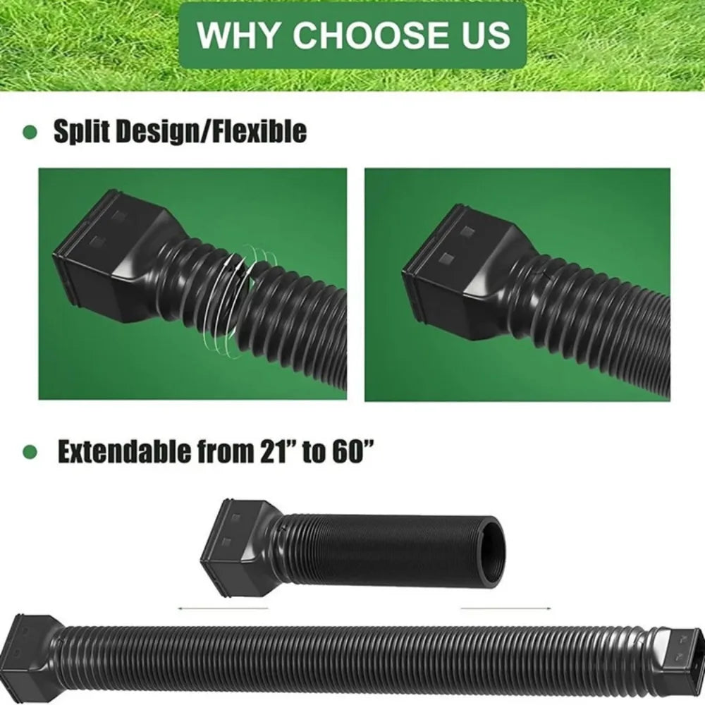 Retractable Downspout Extension diagram showing removable adapters and hose extension with a 21–60-inch label