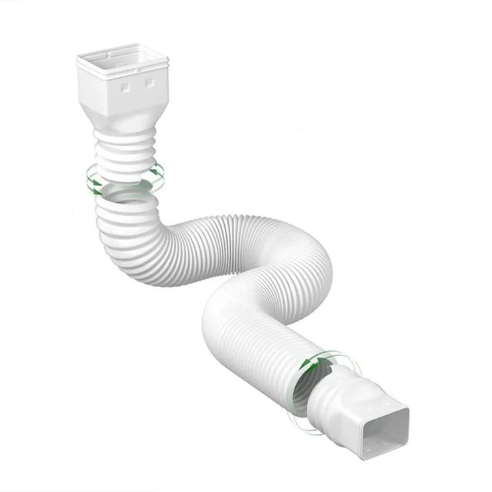 Retractable Downspout Extension in white showing a curved corrugated body and rectangular outlet