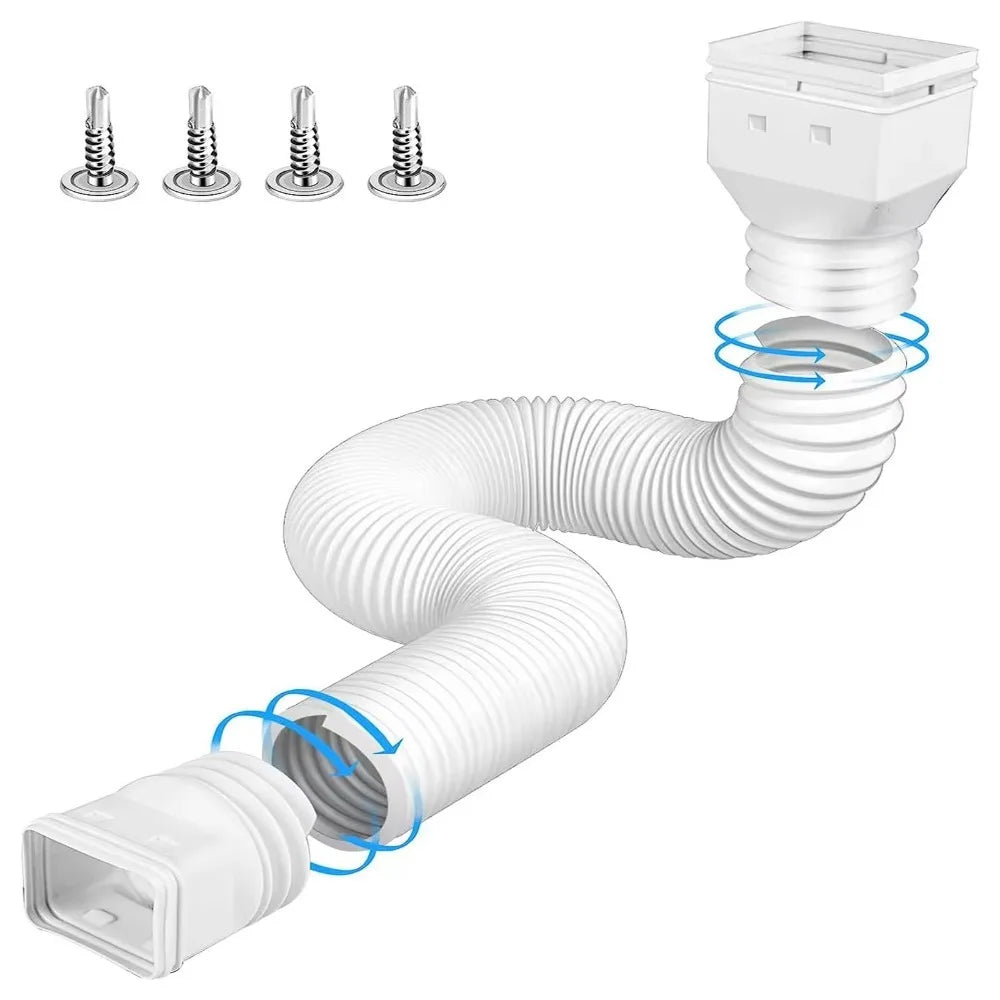 Retractable Downspout Extension in white with four screws and blue arrows at the adapter connections