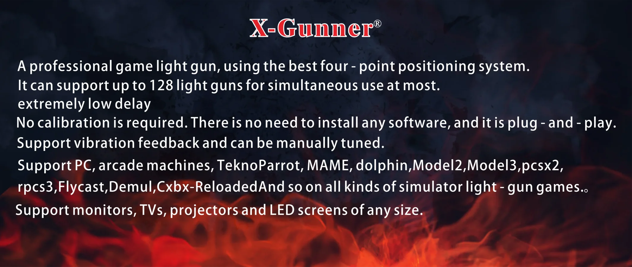 Retro Arcade Shooter compatibility graphic describing screen support, positioning and vibration features