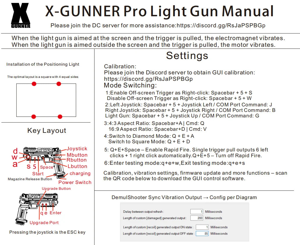 Retro Arcade Shooter manual showing sensor placement, button layout, calibration and vibration settings