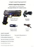 Retro Arcade Shooter kit layout showing the black light gun, USB receiver, four-point positioner and charging cable