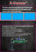 Retro Arcade Shooter setup guide showing four sensor positions and the internal vibration system