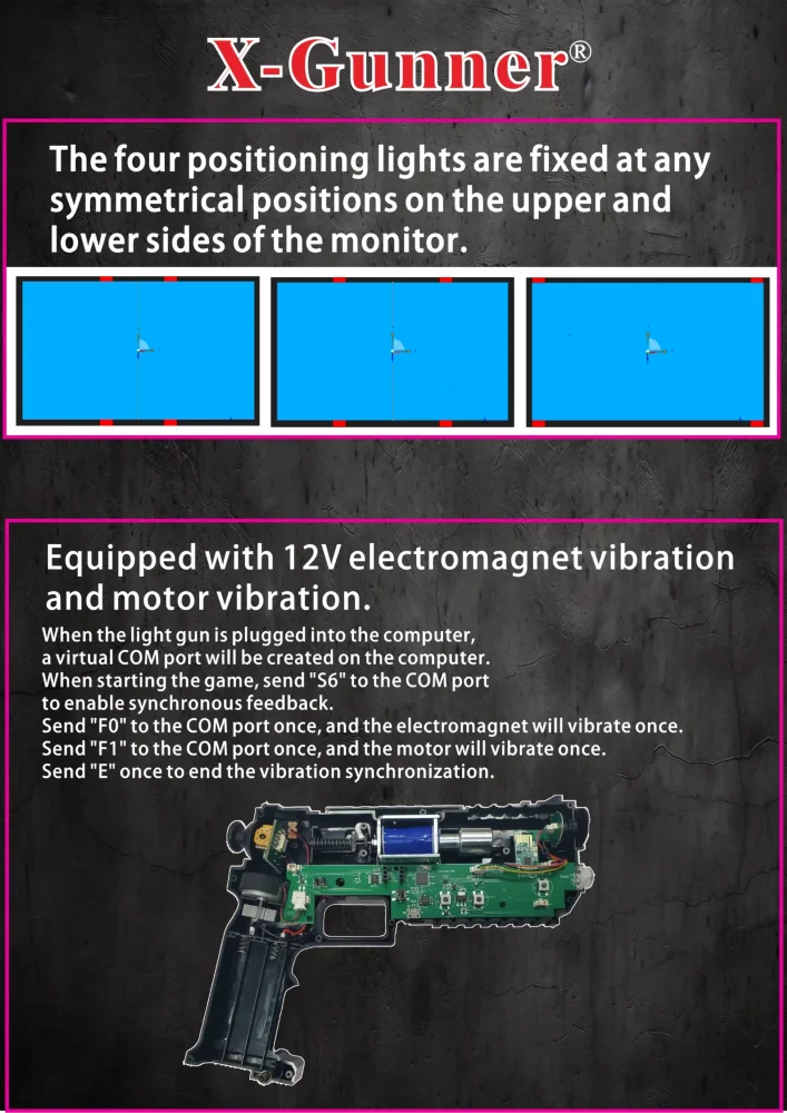 Retro Arcade Shooter setup guide showing four sensor positions and the internal vibration system