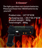 Retro Arcade Shooter specification guide showing the black light gun dimensions, weight and battery requirements