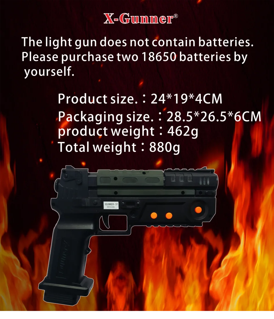 Retro Arcade Shooter specification guide showing the black light gun dimensions, weight and battery requirements