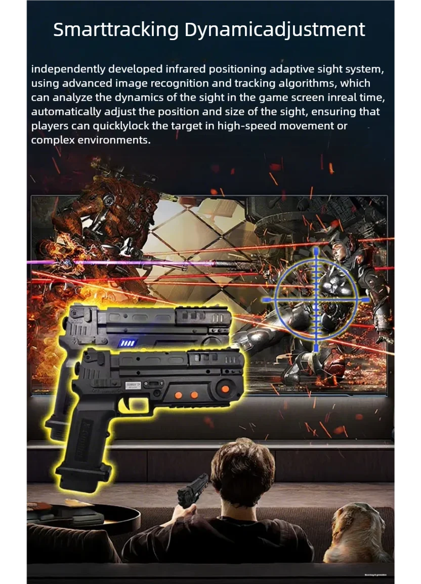 Retro Arcade Shooter dynamic-adjustment graphic with two light guns tracking a screen target