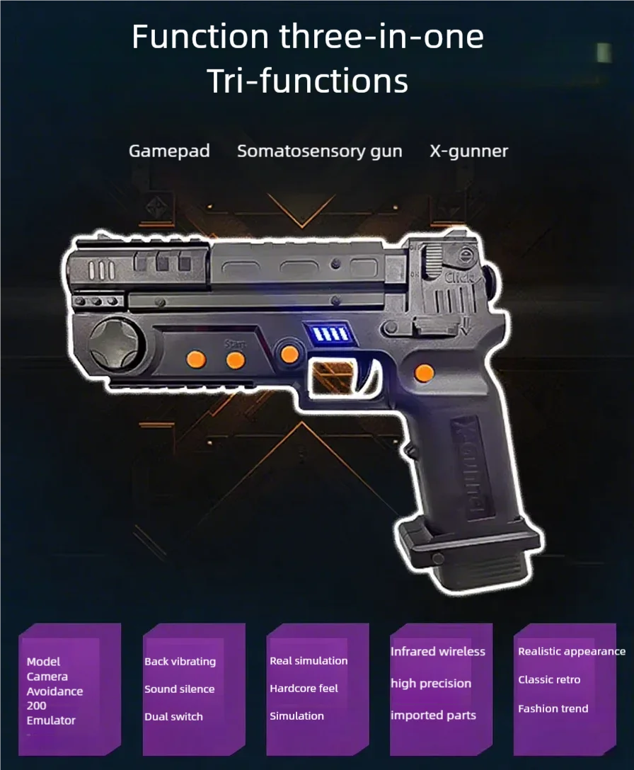 Retro Arcade Shooter three-function overview with the black light gun and feature callouts