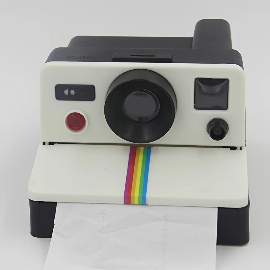 Retro Camera Toilet Paper Holder front view with black-and-white body and rainbow stripe