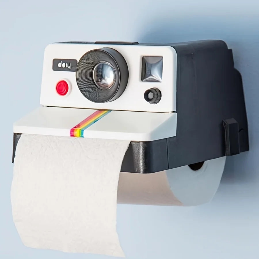 Retro Camera Toilet Paper Holder mounted with a toilet paper roll dispensing from the front