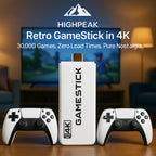 HighPeak Retro GameStick in 4K with two wireless controllers on a wood table in cozy living room setting.