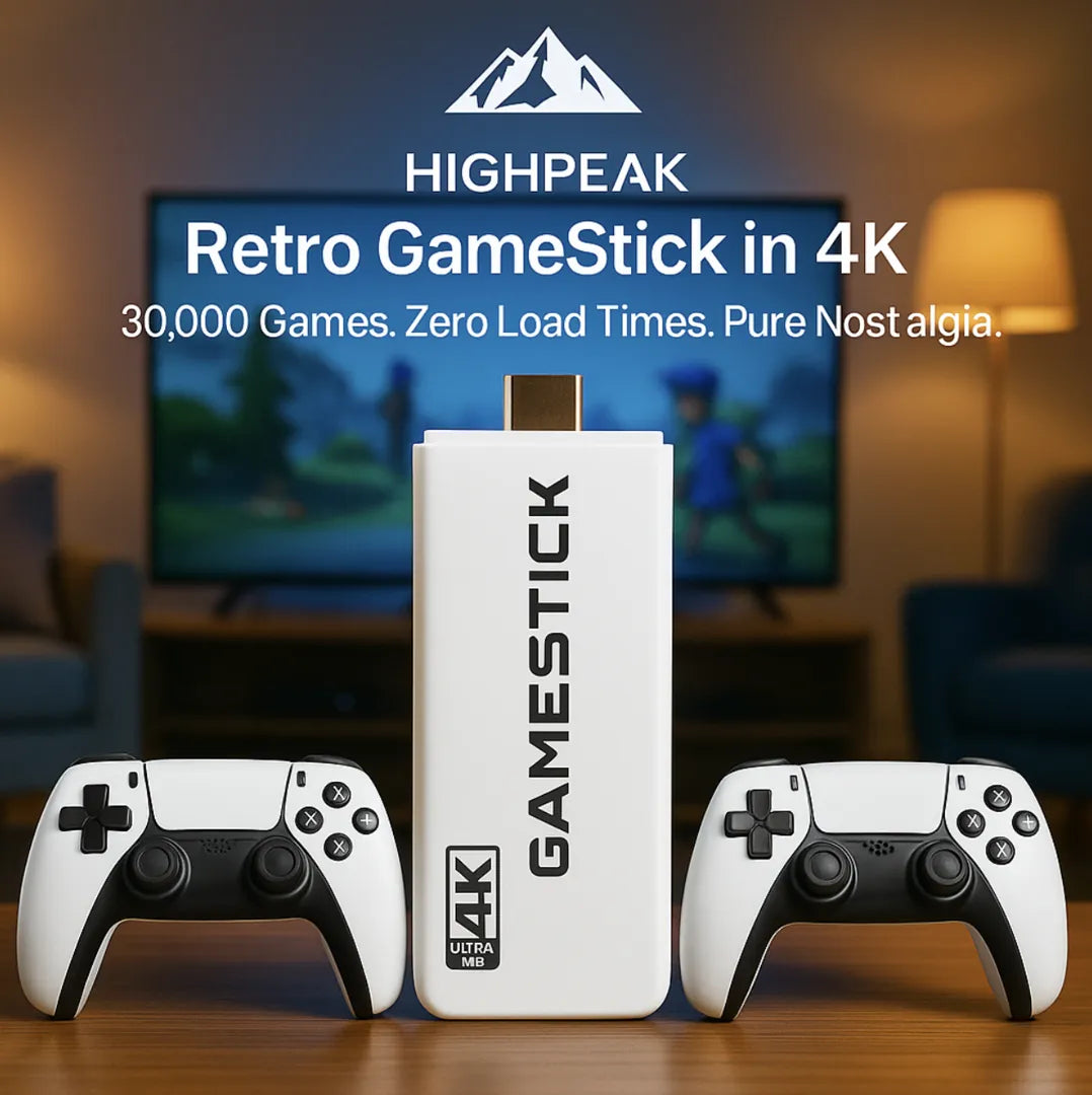 HighPeak Retro GameStick 4K with two white controllers on a wooden table in a cozy living room setup