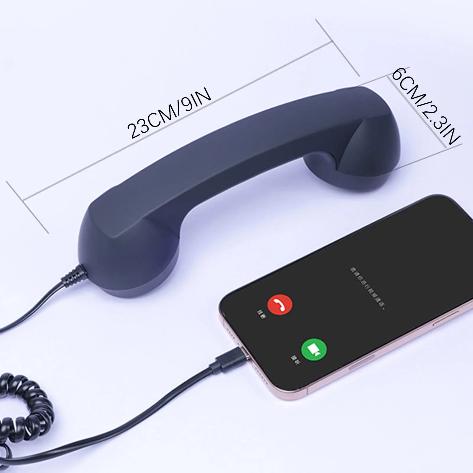 Black Retro Mobile Phone Handset with dimensions beside a connected smartphone